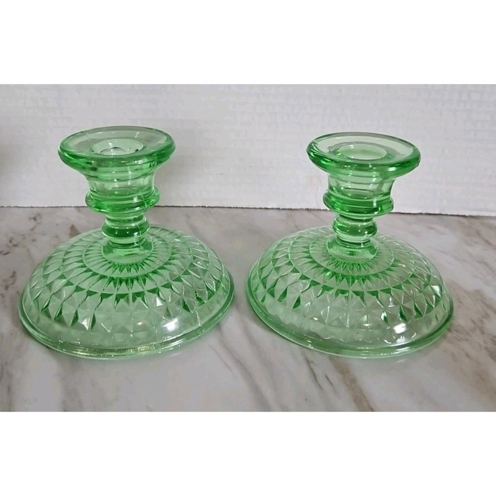 vintage green depression glass candlesticks, diamond quilted or windsor pattern